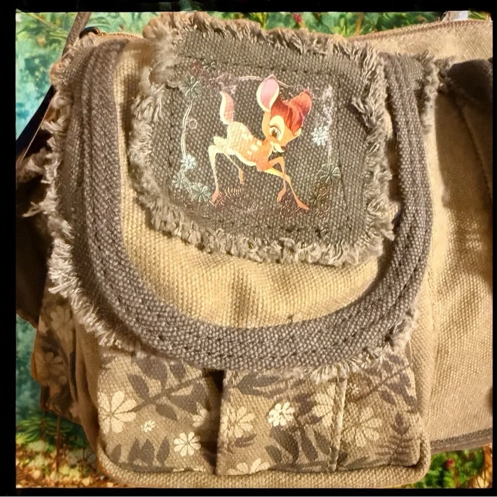 Disney Bambi Canvas Shoulder Bag Floral Patch Pockets Vintage Cottagecore Style